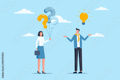 A woman offers questions to a man who presents an idea