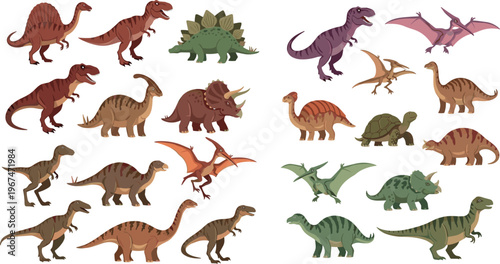 Set of 20 Dinosaur Illustrations Including T-Rex, Stegosaurus, Triceratops, Pterodactyl, Brachiosaurus, and More for Kids, Animals, and Prehistoric Designs