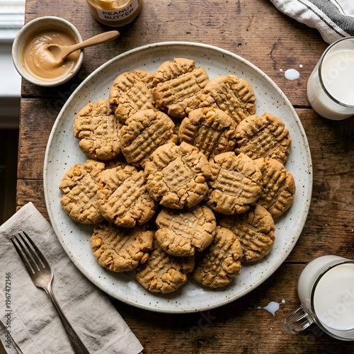 Delicious Peanut Butter Cookies on a Plate with Milk and Peanut Butter Jars on a Wooden Table