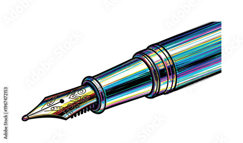 Close-up of a vintage fountain pen with colorful striped barrel and ornate nib