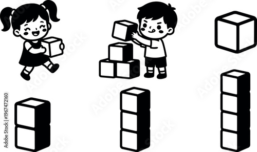 Children stacking cubes with toy blocks