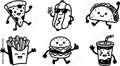 Black and white line art happy fast food characters pizza taco burger fries drink