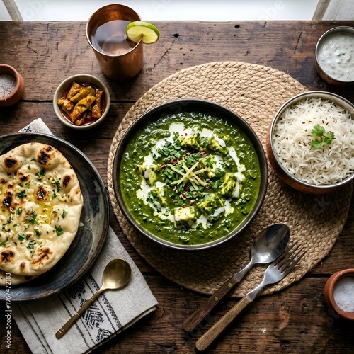 Delicious Indian Cuisine Spread with Palak Paneer, Naan Bread, Basmati Rice, and Assorted Dishes on Wooden Table