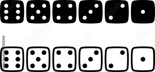 Black and white dot dice set with six to one pips in silhouette and outline line art