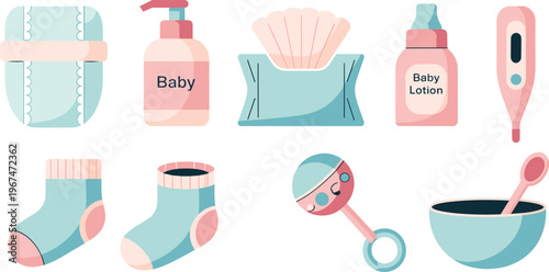 Baby care essentials vector illustration set with diaper, wipes, lotion, thermometer, socks, rattle and feeding bowl cute icons collection