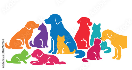 Colorful illustration displaying a diverse group of dog and cat silhouettes, symbolizing companionship, pet ownership, and animal welfare