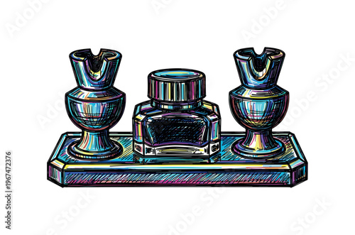 Vintage ink pen stand with inkwell and two pen holders, colorful sketch