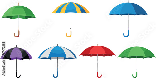 Set of Colorful Umbrella Illustrations Including Green, Blue, Red, Purple, and Striped Designs for Weather, Accessories, and Seasonal Designs