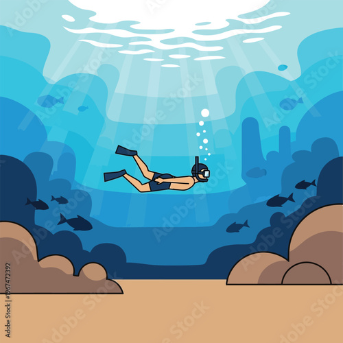 Illustration of a person scuba diving in the ocean with scuba gear