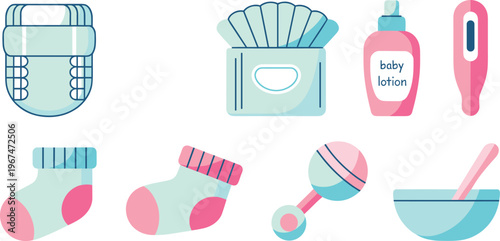 Cute baby essentials vector illustration set including diaper, wipes, lotion, thermometer, socks, rattle and feeding bowl icons