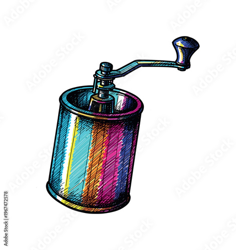 Vintage manual coffee grinder with colorful striped body and crank handle