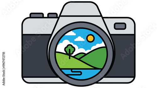 Camera with landscape scene illustration with landscape photography with nature photography