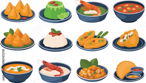 Traditional asian and middle eastern food dishes including samosas rice soup and curry served on plates and in bowls for restaurant menu art.