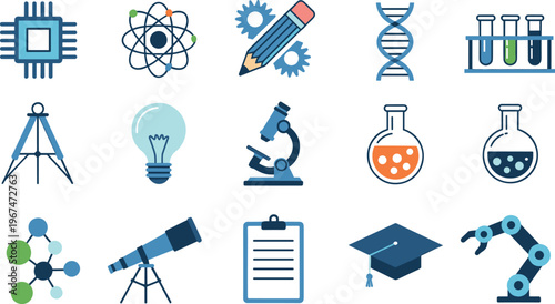 Science education and technology vector icon set with atom, DNA, microscope, lab glassware, robotics and research symbols collection