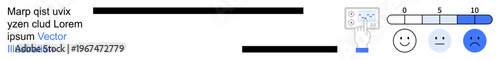 Customer satisfaction, feedback evaluation, emotional analysis, survey results, online reviews, business insights. A rating scale with faces and a slider. Customer satisfaction and feedback