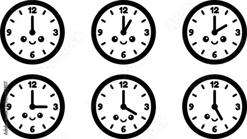 Cute black and white kawaii clock faces showing different times vector art