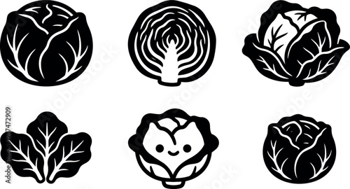 Black and white cabbage head and leaves vector art set