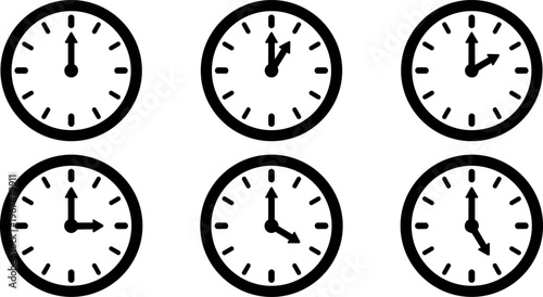 Black and white clock set showing different times vector art
