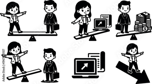 Black and white businesswoman and businessman balancing on seesaws with laptop and money stacks vector art