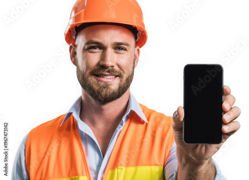 Construction Worker Smartphone Mockup in Safety Gear Showing Blank Screen on transparent Background