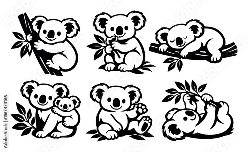 Black and white koala cartoon set representing Australian animal themes, including baby and mother, sleeping, eating, and climbing