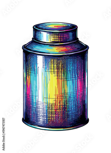 Colorful cylindrical tea canister with a lid, hand-drawn sketch style