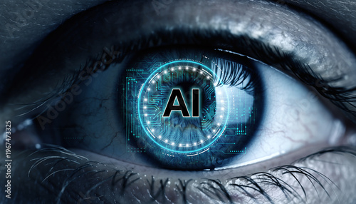 Futuristic human eye close-up with holographic UI reflections and neural data patterns, shallow depth of field and dramatic lighting, clean sci-fi aesthetic.