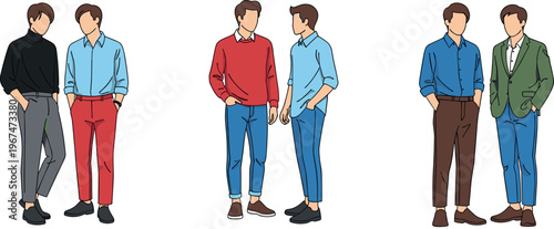 Set of Male Character Illustrations in Casual and Smart Outfits with Red, Blue, Green, and Black Clothing for Fashion, Lifestyle, and Casual Wear Designs
