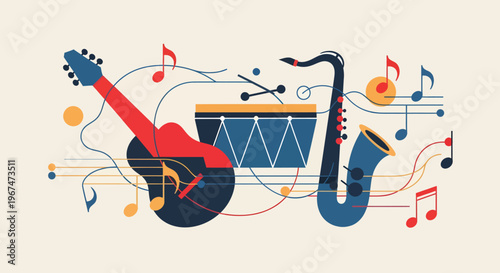 A colorful illustration of musical instruments and notes.