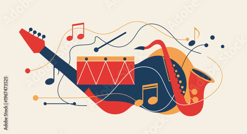 Vibrant music instruments and notes composition.