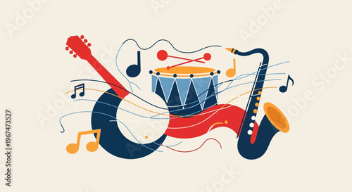Vibrant musical instruments and notes composition.
