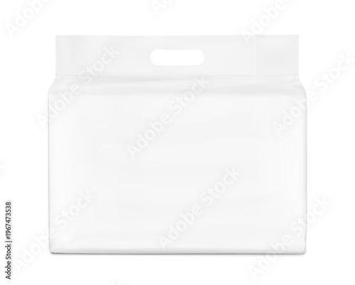 Realistic stand bag with hole handle mockup. Front view. Vector illustration isolated on white background. Suite for the presentation of diapers, wet wipes, pants changing mats. EPS10.