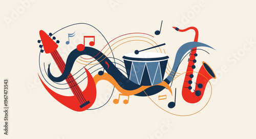 Music instruments and abstract musical notes.