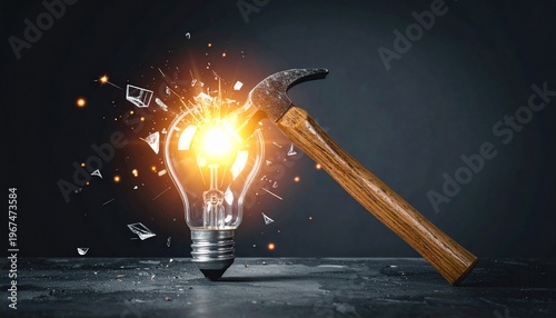 Hammer striking glowing light bulb, symbolizing breaking ideas, innovation disruption, creativity, problem solving, and transformation through forceful change and insight.