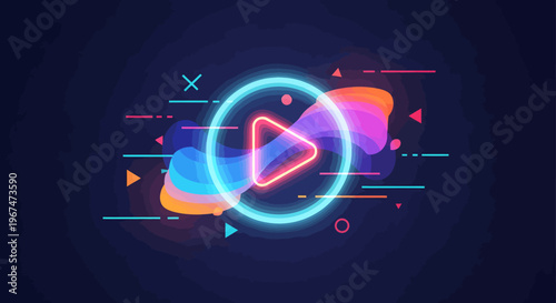 Neon play button on colorful background.