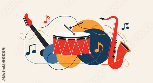 Vibrant musical instruments and notes composition.