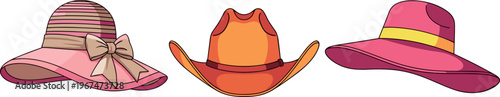 Set of Three Colorful Hats Including Straw Hat, Cowboy Hat, and Wide-Brimmed Hat for Fashion, Accessories, and Lifestyle Designs