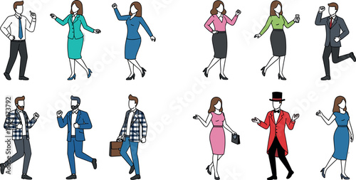 Set of Nine Business and Fashionable Characters in Different Outfits, Poses, and Accessories for Workplace, Fashion, and Lifestyle Designs