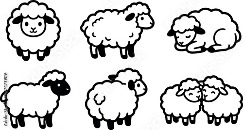 Black and white flat design cute sheep various poses vector art