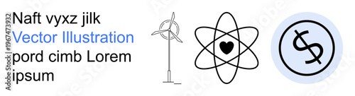 Sustainability, science, finance, renewable energy, economic growth, eco-friendly design. Wind turbine, atom with heart and dollar symbol in minimal design. Sustainability and science