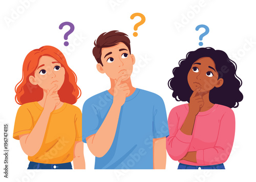 Three young diverse people standing together, contemplating with question marks appearing above their heads, seeking solution
