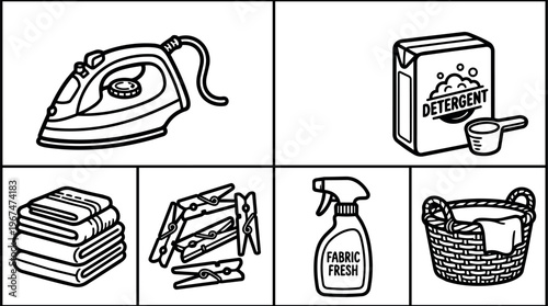 Black and white line art laundry items including iron detergent and fabric fresh spray