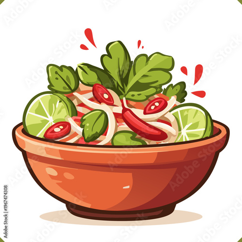 Vector illustration of Thai green salad som tum with lime slices, chili peppers, and fresh herbs in a bowl, isolated on a white background