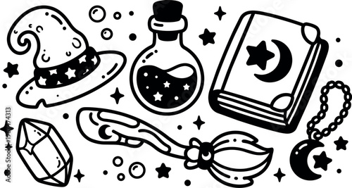 Black and white witch hat potion book broomstick charm line art