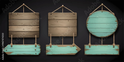 Vintage wooden and metal barrels with a blank sign board placed near an old house by the water isolated on a white background