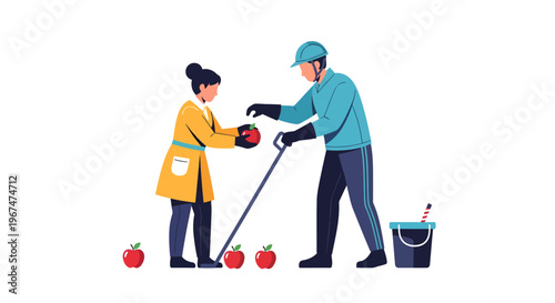 People harvesting apples together outdoors.