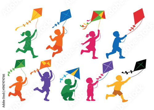 Kids silhouettes in various colors flying kites and having fun, illustrating youthful energy, freedom, and outdoor play