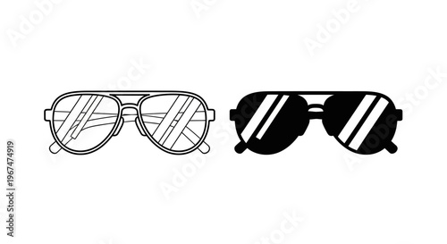 Aviator Sunglasses Outline and Silhouette Icon Set.
