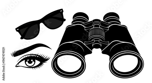 Binoculars, Sunglasses, and Eye for Observation and Vision.