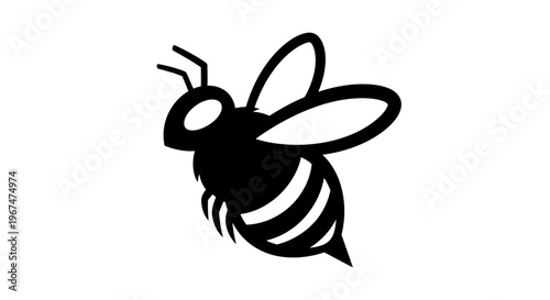 Black and white illustration of a bee flying.